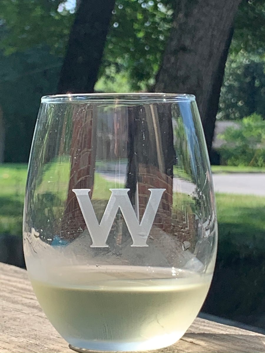 1-Letter Etched Initial Stemless Wine Glass –