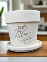 Load image into Gallery viewer, Personalized Flower Pot with Scrolls – Custom Family Name Planter – Engraved Gift for Weddings, Anniversaries or New Homes