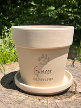 Load image into Gallery viewer, Pet Memorial Flower Pot – Engraved Paw Print with Name and Date – Custom Clay Planter for Dog Remembrance