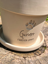 Load image into Gallery viewer, Pet Memorial Flower Pot – Engraved Paw Print with Name and Date – Custom Clay Planter for Dog Remembrance