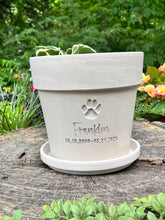 Load image into Gallery viewer, Pet Memorial Flower Pot – Engraved Paw Print with Name and Date – Custom Clay Planter for Dog Remembrance