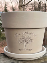 Load image into Gallery viewer, Personalized Tree of Life Flower Pot – Family Name with “Rooted in Love”