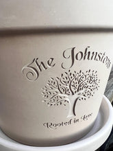 Load image into Gallery viewer, Personalized Tree of Life Flower Pot – Family Name with “Rooted in Love”