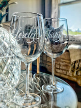 Load image into Gallery viewer, Personalized Etched Wine Glass with Designer Script Name | Glass or Crystal | 16 oz or 19 oz |