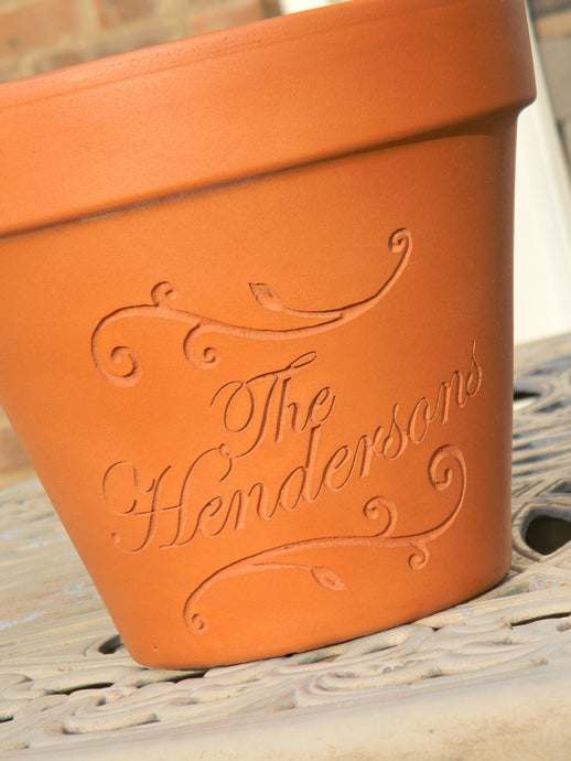 Etched Planter Custom Engraved - Carved Terra Cotta Flower Pot with Scrolls | New Home | Wedding | Gift for newly weds | Anniversary