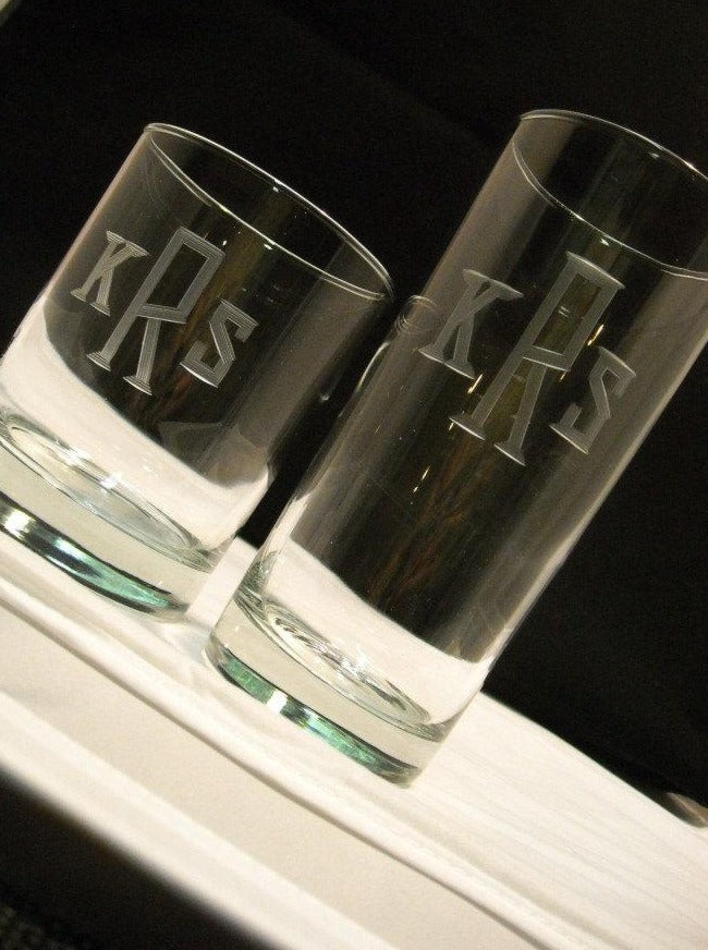 Set of 4  Hand Cut 15 oz Highball Beverage Glass Engraved with custom  monogram