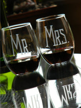Load image into Gallery viewer, Hand Cut MR & MRS Stemless Wine Glass | Set of 2