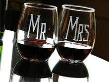 Load image into Gallery viewer, Hand Cut MR & MRS Stemless Wine Glass | Set of 2