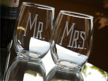 Load image into Gallery viewer, Hand Cut MR & MRS Stemless Wine Glass | Set of 2