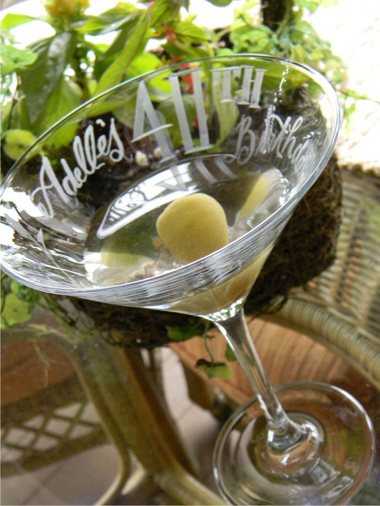 Four Martini Glasses . Hand Engraved . 'reaching