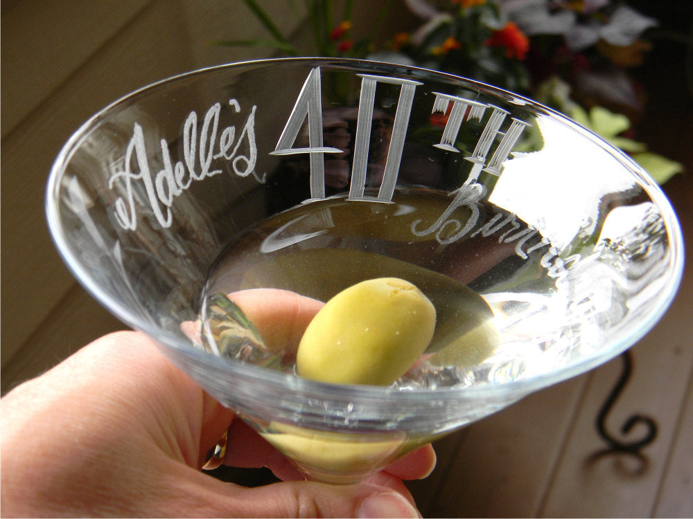 Four Martini Glasses . Hand Engraved . 'reaching