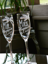 Load image into Gallery viewer, Hand Cut Mr. and Mrs. Beach Destination Wedding Champagne Flute | Set of 2