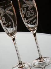 Load image into Gallery viewer, Hand Cut Mr. and Mrs. Beach Destination Wedding Champagne Flute | Set of 2