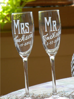 Hand Cut Personalized Mr. & Mrs. Champagne Flute | Set of 2