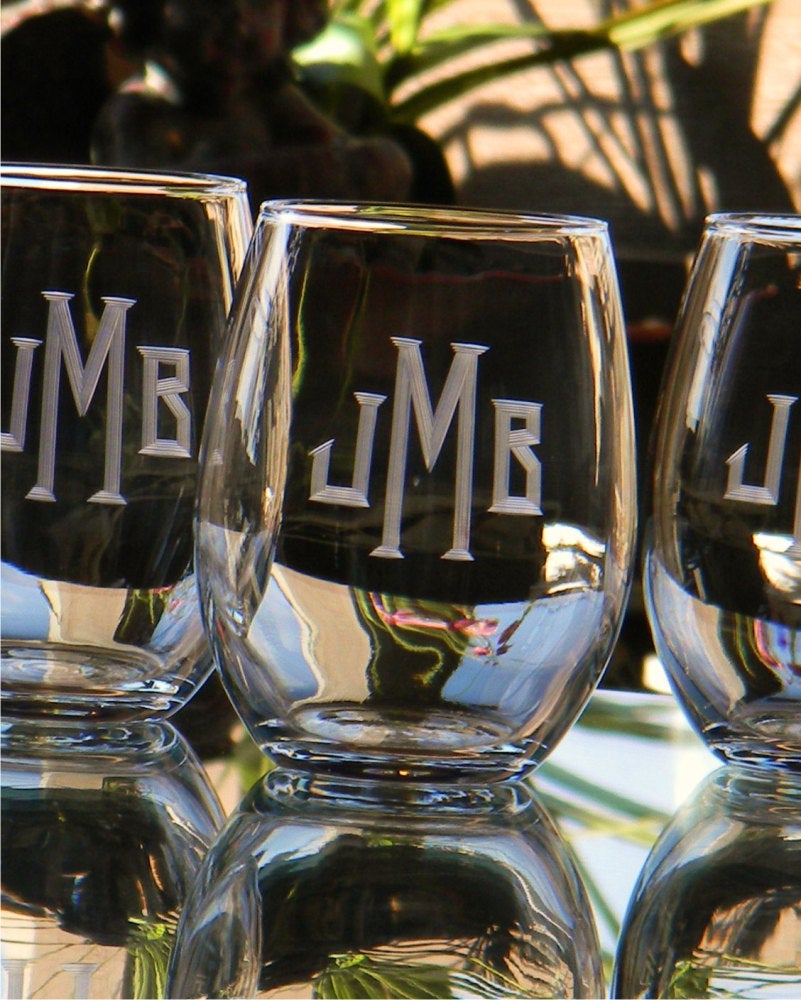HomeWetBar Westbrook Monogram Etched Stemless Wine Glasses, Set of 4  (Personalized Product)