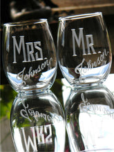 Load image into Gallery viewer, Hand Cut Personalized Mr. & Mrs. Stemless Wine Glass, 21 oz | Set of 2
