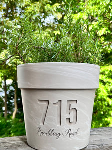 New Home Street Address Deep Etched | Custom Carved Flower Pot | Engraved Terra cotta Planter | White Granite Marble or Basalt Clay