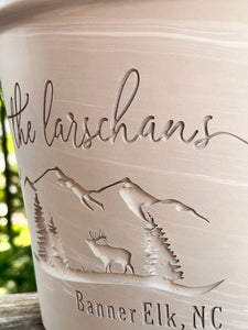 Mountain Home| Deep Etched Custom Clay Flower Pot | Engraved Flowerpot | Terra cotta Planter | White Granite Marble, Red, or Basalt Clay