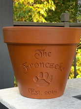 Load image into Gallery viewer, Custom Paw Print | Deep Etched Clay Flower Pot | Engraved Flowerpot | Terra cotta, White Granite Marble, Red, or Dark Basalt Clay