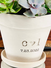 Load image into Gallery viewer, Couples Flowerpot Gift 4 inch White Granite Clay Flower Pot with Initials + Heart Engraved