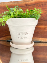 Load image into Gallery viewer, Couples Flowerpot Gift 4 inch White Granite Clay Flower Pot with Initials + Heart Engraved