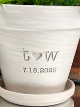 Load image into Gallery viewer, Couples Flowerpot Gift 4 inch White Granite Clay Flower Pot with Initials + Heart Engraved