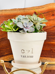 Couples Flowerpot Gift 4 inch White Granite Clay Flower Pot with Initials + Heart Engraved