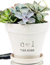 Load image into Gallery viewer, Couples Flowerpot Gift 4 inch White Granite Clay Flower Pot with Initials + Heart Engraved