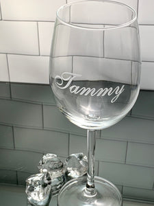 16 oz Personalized Etched Wine Glass, Thirsty + Vine at $20