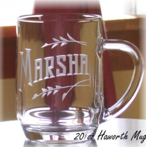 20 oz Hand Cut Coffee Mug Personalized with Name and Leaves