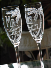Load image into Gallery viewer, Hand Cut Mr. and Mrs. Beach Destination Wedding Champagne Flute | Set of 2