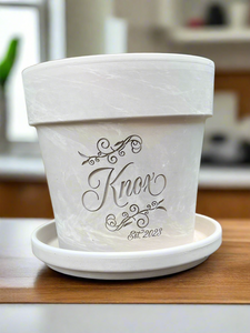Personalized Flower Pot with Scrolls – Custom Family Name Planter – Engraved Gift for Weddings, Anniversaries or New Homes