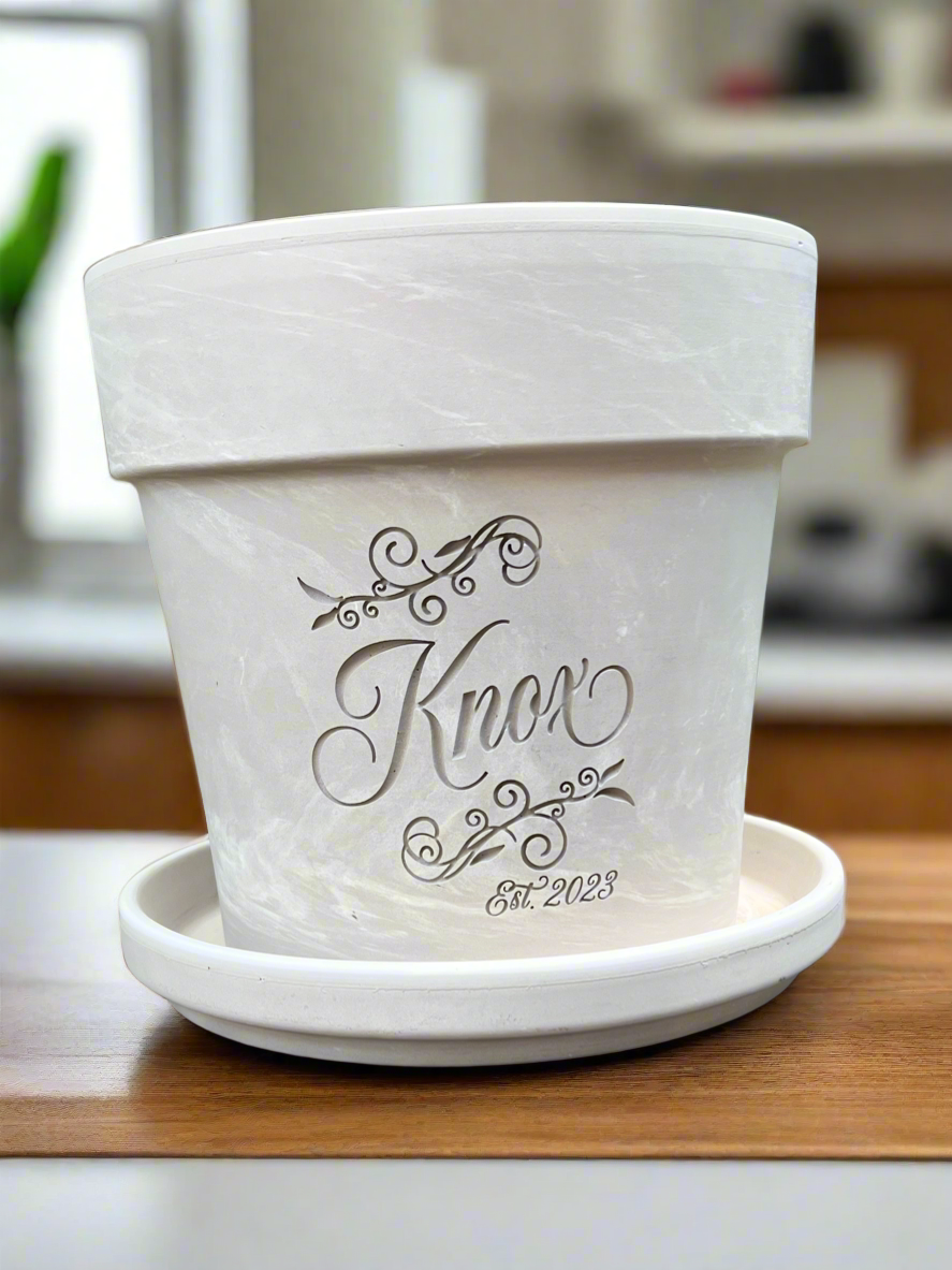 Personalized Flower Pot with Scrolls – Custom Family Name Planter – Engraved Gift for Weddings, Anniversaries or New Homes