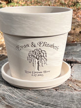 Load image into Gallery viewer, Willow Tree Anniversary Flower Pot – “Rooted in Love” or “Love Grows Here” | 9th Anniversary Gift | Personalized Engraved Clay Planter