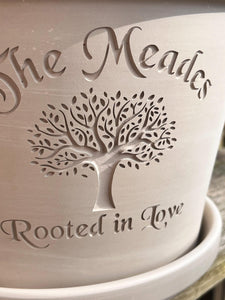 Personalized Tree of Life Flower Pot – Family Name with “Rooted in Love”