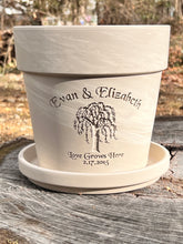 Load image into Gallery viewer, Willow Tree Anniversary Flower Pot – “Rooted in Love” or “Love Grows Here” | 9th Anniversary Gift | Personalized Engraved Clay Planter