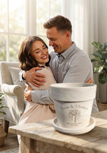 Load image into Gallery viewer, Willow Tree Anniversary Flower Pot – “Rooted in Love” or “Love Grows Here” | 9th Anniversary Gift | Personalized Engraved Clay Planter