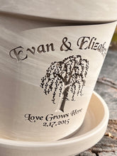 Load image into Gallery viewer, Willow Tree Anniversary Flower Pot – “Rooted in Love” or “Love Grows Here” | 9th Anniversary Gift | Personalized Engraved Clay Planter