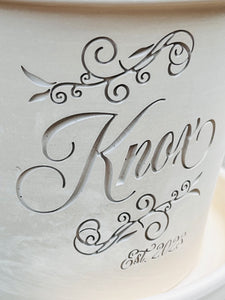 Personalized Flower Pot with Scrolls – Custom Family Name Planter – Engraved Gift for Weddings, Anniversaries or New Homes