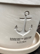 Load image into Gallery viewer, Personalized Anchor Flower Pot – Engraved Nautical Design with Names &amp; Date – Gift for Coastal Wedding, Lake House or Beach Home