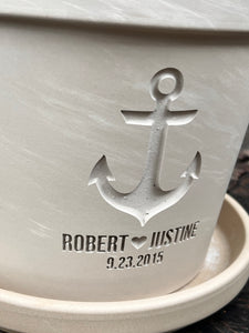 Personalized Anchor Flower Pot – Engraved Nautical Design with Names & Date – Gift for Coastal Wedding, Lake House or Beach Home