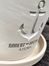 Load image into Gallery viewer, Personalized Anchor Flower Pot – Engraved Nautical Design with Names &amp; Date – Gift for Coastal Wedding, Lake House or Beach Home