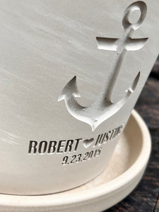Personalized Anchor Flower Pot – Engraved Nautical Design with Names & Date – Gift for Coastal Wedding, Lake House or Beach Home