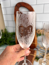 Load image into Gallery viewer, Personalized Hand Cut Carved Tree Champagne Glasses