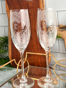 Personalized Hand Cut Carved Tree Champagne Glasses