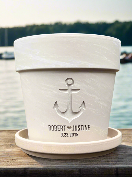 Personalized Anchor Flower Pot – Engraved Nautical Design with Names & Date – Gift for Coastal Wedding, Lake House or Beach Home