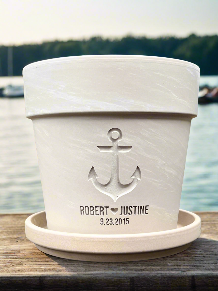 Personalized Anchor Flower Pot – Engraved Nautical Design with Names & Date – Gift for Coastal Wedding, Lake House or Beach Home