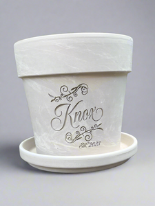 Personalized Flower Pot with Scrolls – Custom Family Name Planter – Engraved Gift for Weddings, Anniversaries or New Homes