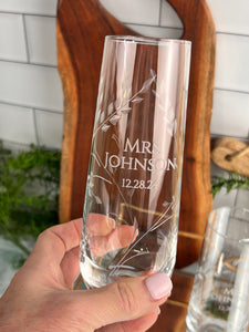 Mr. & Mrs. Stemless Champagne Flute – Engraved with Last Name & Date