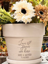Load image into Gallery viewer, Wedding or Anniversary Gift | Deep Etched Custom Clay Flower Pot | Engraved Flowerpot | Terra cotta Planter | Love Grows Here | Choose Color